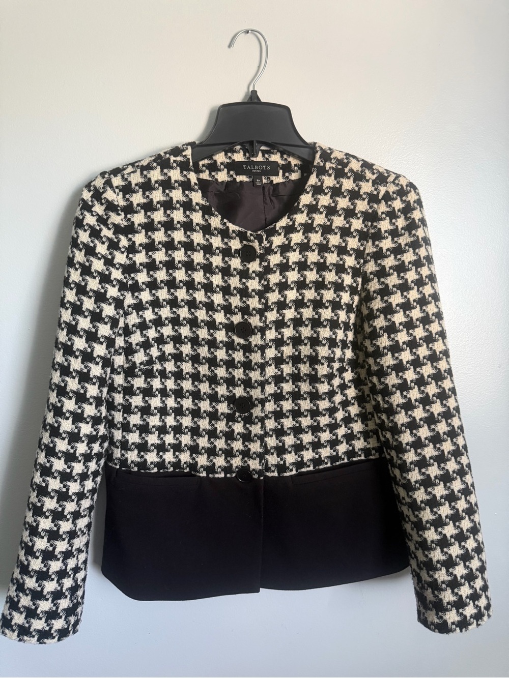 Talbots Black & White Houndstooth Tweed Wool Blend Blazer suit Jacket 8 Petite